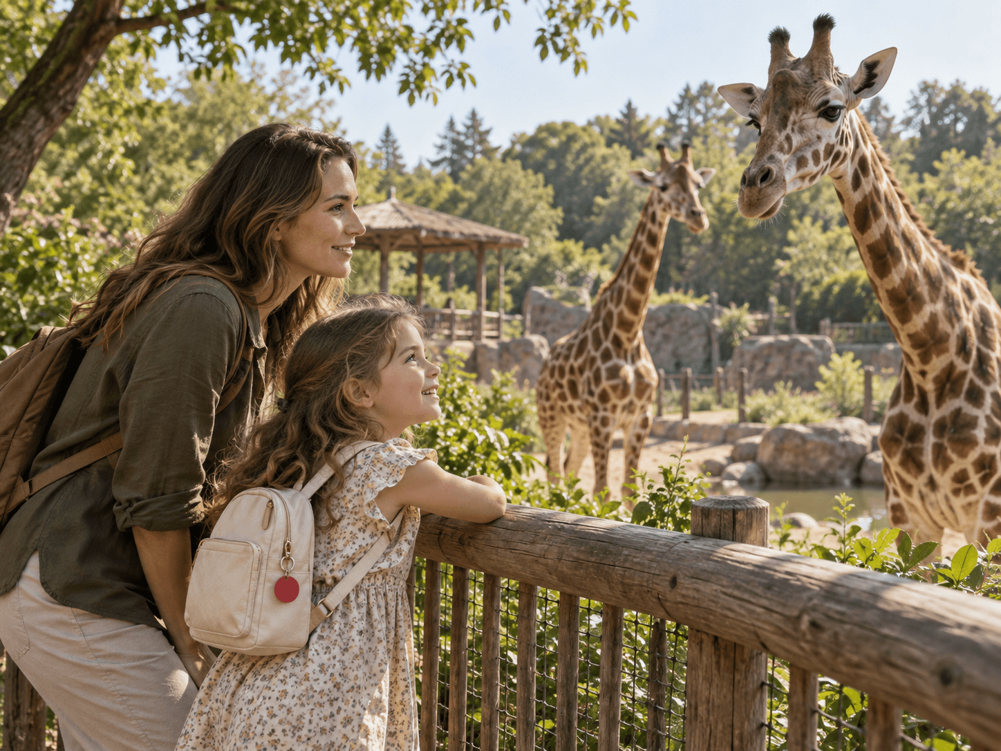 AI-generated illustration of a mother and daughter at a zoo with giraffes